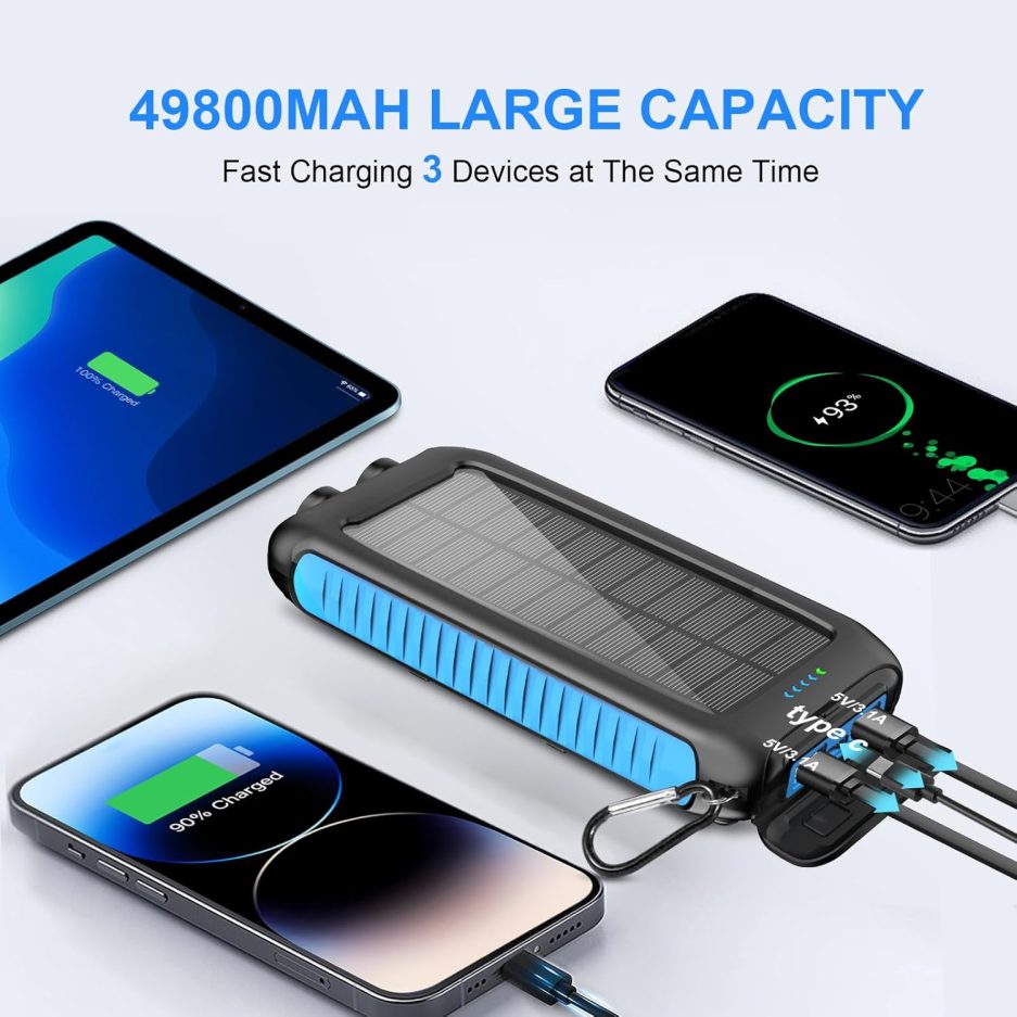 Solar-Charger-Power-Bank-49800mAh Portable Solar Phone Charger with LED Flashlight/15W Fast Charge USB C Waterproof External Backup Battery Pack for All Cell Phones & Electronic Devices - Image 2