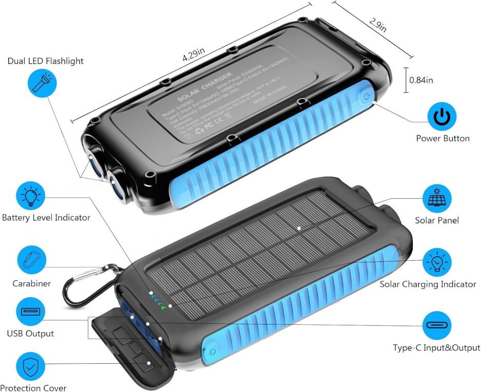 Solar-Charger-Power-Bank-49800mAh Portable Solar Phone Charger with LED Flashlight/15W Fast Charge USB C Waterproof External Backup Battery Pack for All Cell Phones & Electronic Devices - Image 7